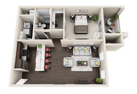 Floor plan for 1 bed, 1 bath, 908 sqft